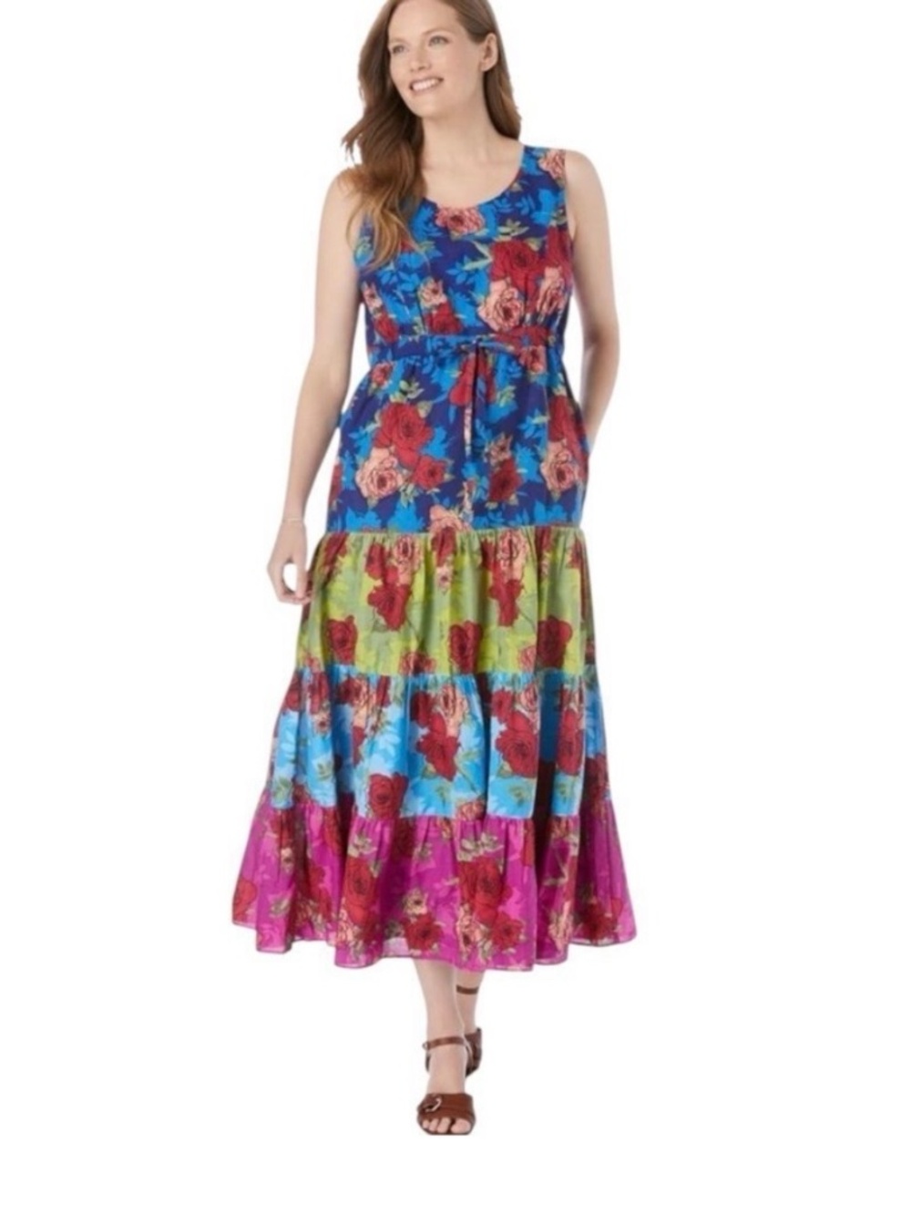 Woman Within Sleeveless Floral Tiered Cotton Maxi Dress in Blue/Pink Plus 14W